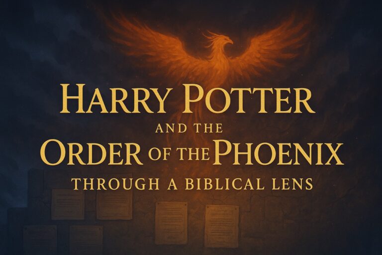 “Order of the Phoenix biblical review image featuring parchment wall, symbolic phoenix silhouette, glowing firelight, and gold serif title text.”