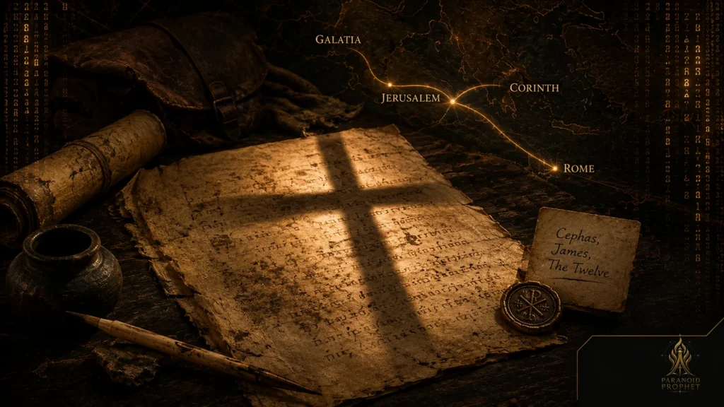 Ancient writing desk with parchment, a cross-shadow, map routes to Jerusalem, Galatia, Corinth, and Rome, and a note naming Cephas, James, and the Twelve.
