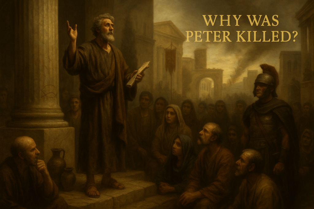 Peter boldly preaching in Rome before the persecution of Christians, Roman official watching, crowd gathered in early church scene