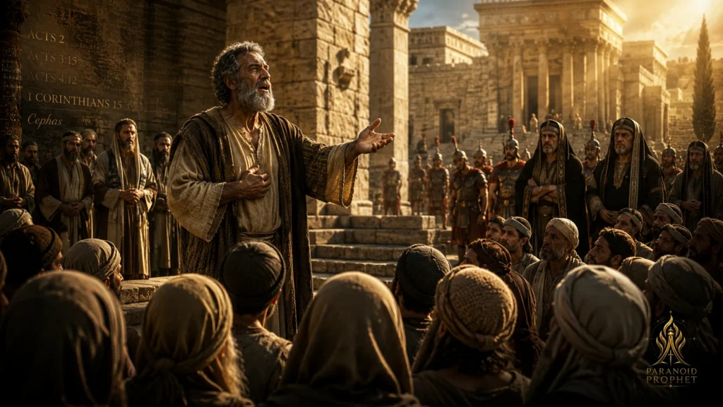 Peter preaching the risen Christ in ancient Jerusalem before a crowd, religious leaders, and Roman guards.