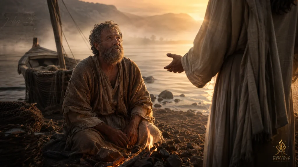 Peter restored by the risen Jesus beside the Sea of Galilee in John 21 near a charcoal fire.