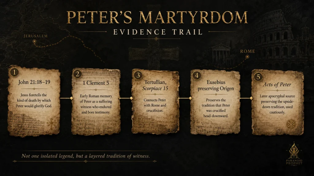 Evidence trail for Peter’s martyrdom showing John 21, 1 Clement, Tertullian, Eusebius, Origen, and Acts of Peter.