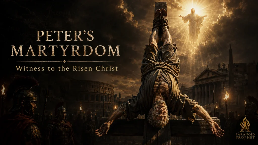 Peter’s martyrdom shown through the upside-down crucifixion tradition in ancient Rome as a witness to the risen Christ.