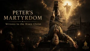 Peter’s martyrdom shown through the upside-down crucifixion tradition in ancient Rome as a witness to the risen Christ.