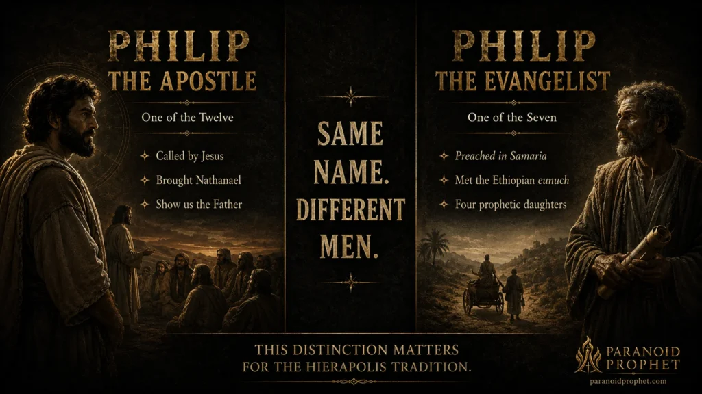 Split-panel infographic showing Philip the Apostle as one of the Twelve and Philip the Evangelist as one of the Seven, explaining they are different men.