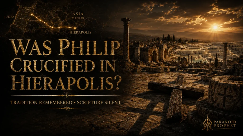 Ancient Hierapolis ruins with a restrained cross symbol and the text “Was Philip crucified in Hierapolis? Tradition remembered, Scripture silent.”