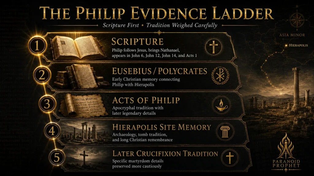 Infographic showing the evidence ladder for Saint Philip’s martyrdom, ranking Scripture, Eusebius and Polycrates, Acts of Philip, Hierapolis site memory, and later crucifixion tradition.