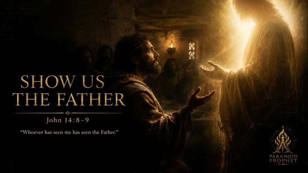 Philip asking Jesus to show the Father in John 14, with Jesus veiled in sacred light and the words “Whoever has seen me has seen the Father.”
