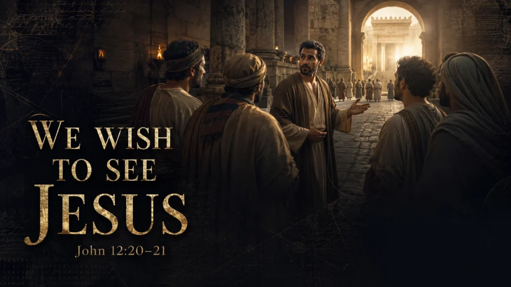 Greek seekers speaking with Philip the Apostle in a Jerusalem temple court, with the words “We wish to see Jesus” from John 12:20–21.