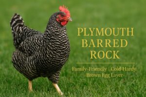 Plymouth Barred Rock chicken standing on green grass with black-and-white barred feathers and gold overlay text reading "Family-Friendly | Cold-Hardy | Brown Egg Layer"