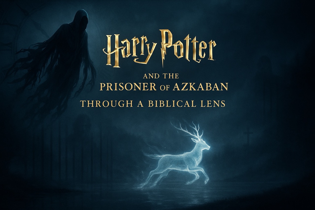 “Prisoner of Azkaban biblical review image showing a glowing Patronus stag confronting a Dementor in fog, with Sirius Black’s shadow and a distant cross.”