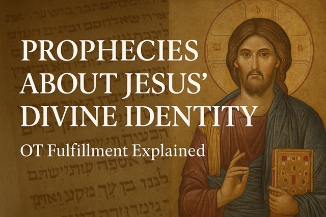 “Byzantine-style image of Jesus with golden halo beside scroll and text reading ‘Prophecies About Jesus’ Divine Identity | OT Fulfillment Explained’”