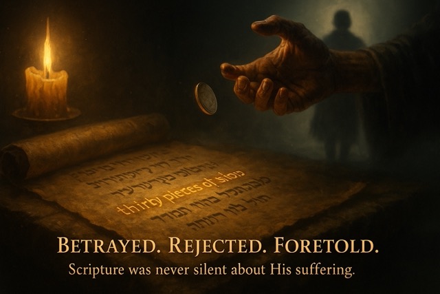 A cinematic digital painting depicting shadowed figures in a dramatic biblical setting, symbolizing prophetic betrayal and rejection of the Messiah.
