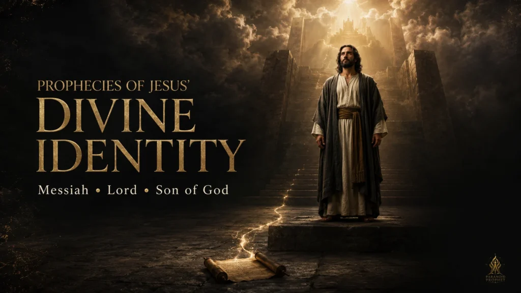 Jesus stands before a veiled heavenly throne-space, illustrating Old Testament prophecies of His divine identity as Messiah, Lord, and Son of God.