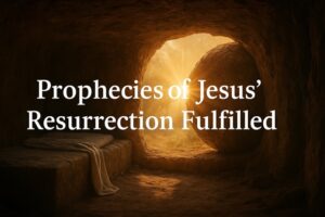 Empty tomb of Jesus at dawn with stone rolled away and light shining through — symbol of resurrection prophecy fulfilled