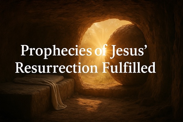 Empty tomb of Jesus at dawn with stone rolled away and light shining through — symbol of resurrection prophecy fulfilled