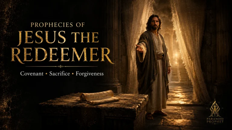 Jesus stands before an open sanctuary veil, illustrating biblical redemption through covenant, sacrifice, forgiveness, and restored access to God.