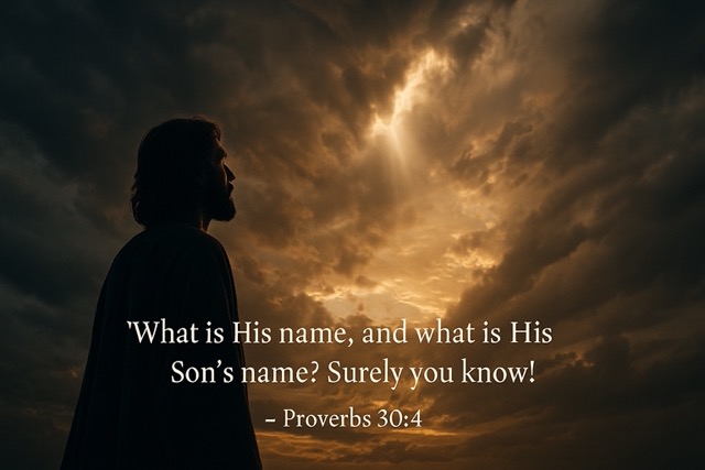 Silhouette of Jesus against a stormy sky, wind swirling around Him, symbolizing the mystery of Proverbs 30:4 — “What is His Son’s name?”