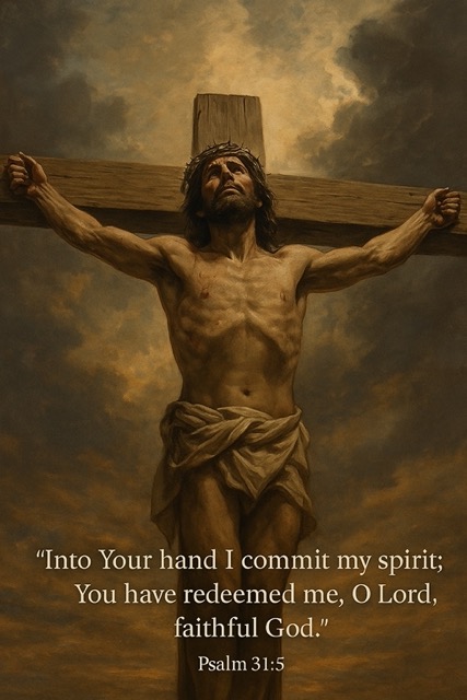 Jesus hanging on the cross at sunset, head lifted upward, fulfilling Psalm 31:5 as He commits His spirit to the Father