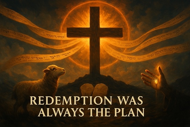A cinematic digital painting of Jesus Christ on the cross beneath a darkened sky, with Old Testament scrolls and prophetic symbols swirling upward toward the heavens, representing the fulfillment of messianic prophecies and the divine necessity of redemption.