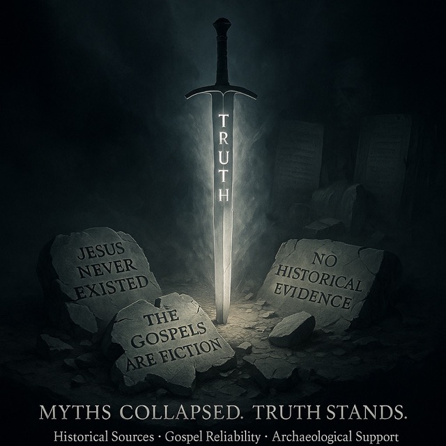 Symbolic image of broken myths about Jesus and historical truth piercing through darkness, with ancient scrolls and stone tablets