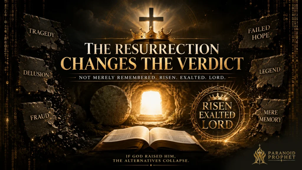 Dark Christian editorial banner showing an empty tomb, open Bible, cross, crown, and the words risen, exalted, Lord, with failed explanations such as tragedy, delusion, fraud, failed hope, legend, and mere memory collapsing around the resurrection.