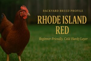 Rhode Island Red hen standing on green grass with golden text overlay that reads "Rhode Island Red – Beginner-Friendly, Cold-Hardy Layer"