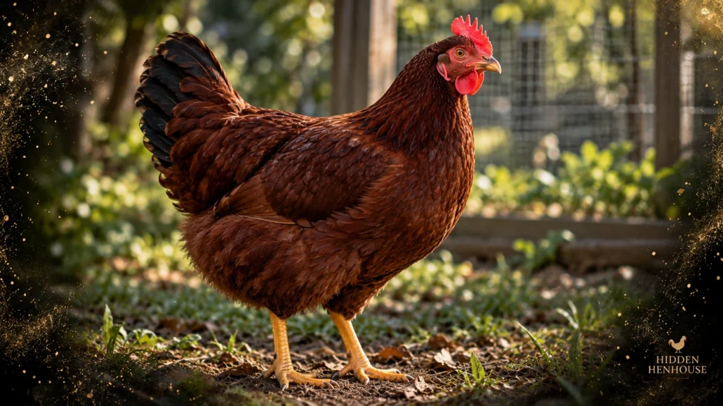 Rhode Island Red hen with deep mahogany-red plumage, dark tail, single red comb and yellow legs in a backyard run