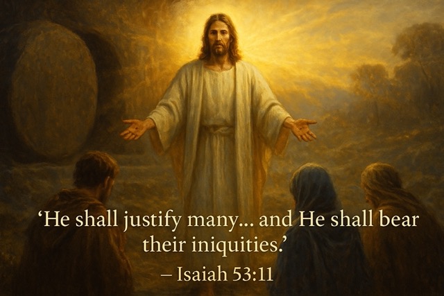 A realistic oil painting of the risen Jesus Christ standing in radiant glory, symbolizing His resurrection and the justification of many, based on Isaiah 53:10–12.