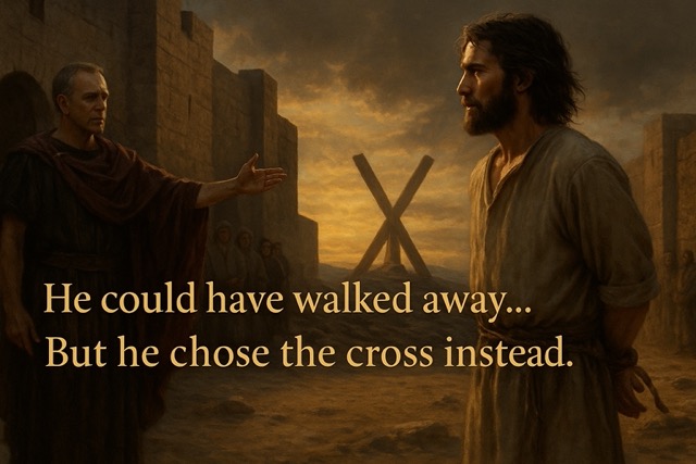 “Saint Andrew stands bound before the Roman governor, refusing to deny Christ as the X-shaped cross waits in the background.”