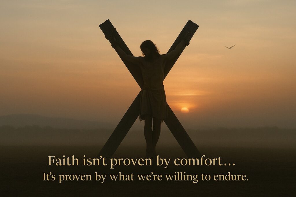 “Saint Andrew on an X-shaped cross at sunrise, alone in quiet faith after choosing martyrdom for Christ.”