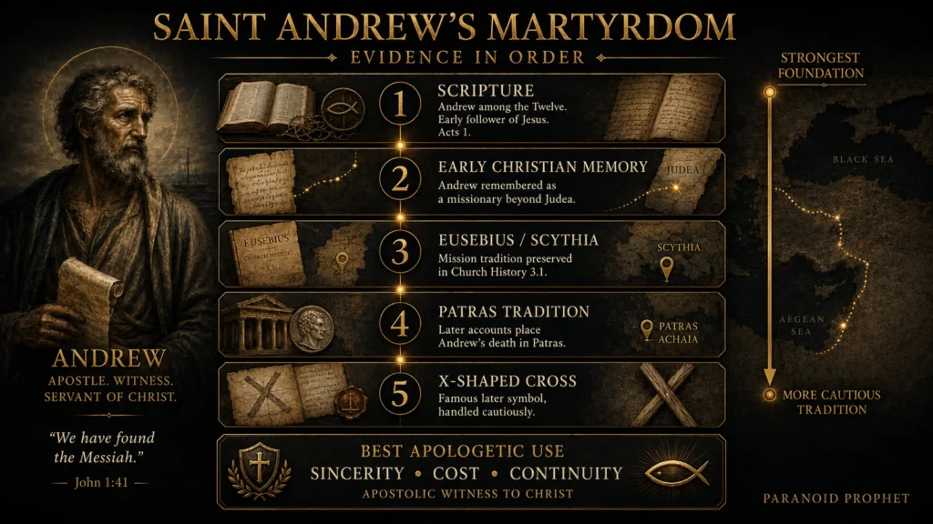 Evidence ladder showing Scripture, early Christian memory, Eusebius, Patras tradition, and the X-shaped cross tradition for Saint Andrew’s martyrdom.