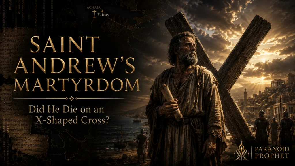 Saint Andrew standing near an X-shaped cross, representing the Christian tradition of his martyrdom in Patras.