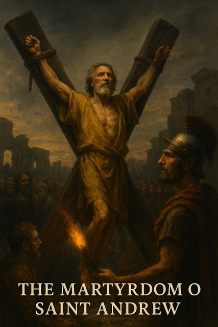 Saint Andrew bound to an X-shaped cross at dawn near the sea, facing his martyrdom in Patras, Greece.