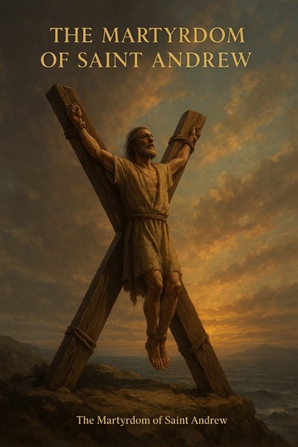 Saint Andrew bound to an X-shaped cross at dawn near the sea, facing his martyrdom in Patras, Greece.