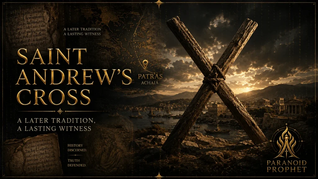 An empty X-shaped Saint Andrew’s Cross shown over ancient Patras with manuscript and map imagery.