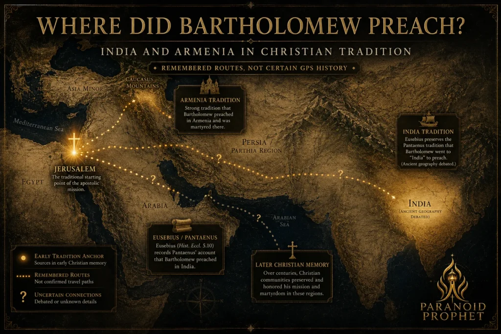 Ancient map showing Saint Bartholomew mission traditions connected to India and Armenia with cautious dotted routes from Jerusalem