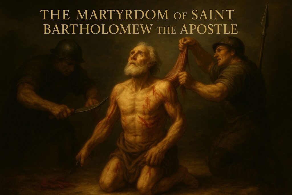 A Baroque-style oil painting of the martyrdom of Saint Bartholomew the Apostle, showing him kneeling as two Roman executioners flay his skin while he looks upward in prayerful peace. The dark background contrasts with the warm lighting on his face and torso. Title text overlay reads “The Martyrdom of Saint Bartholomew the Apostle.”