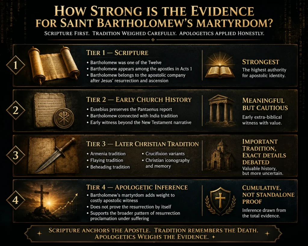 Evidence graphic showing the strength of the sources for Saint Bartholomew’s martyrdom, from Scripture and early church history to later tradition and apologetic inference