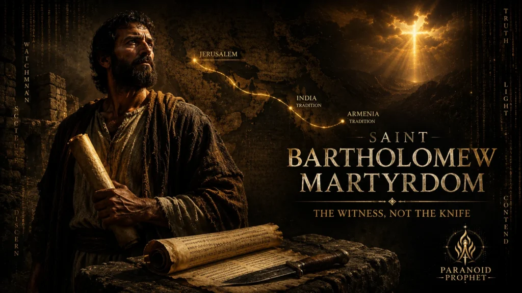 Saint Bartholomew the Apostle with Scripture scroll, symbolic knife, and India and Armenia tradition map representing his martyrdom witness to Christ