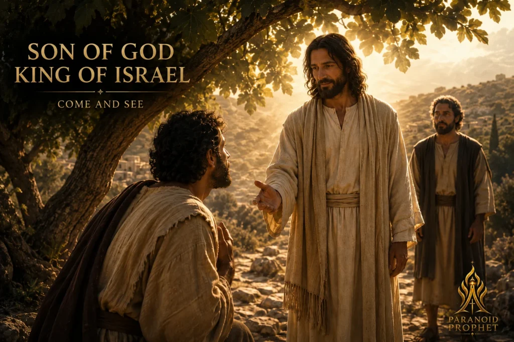 Nathanael kneeling before Jesus near a fig tree as he confesses Jesus as the Son of God and King of Israel