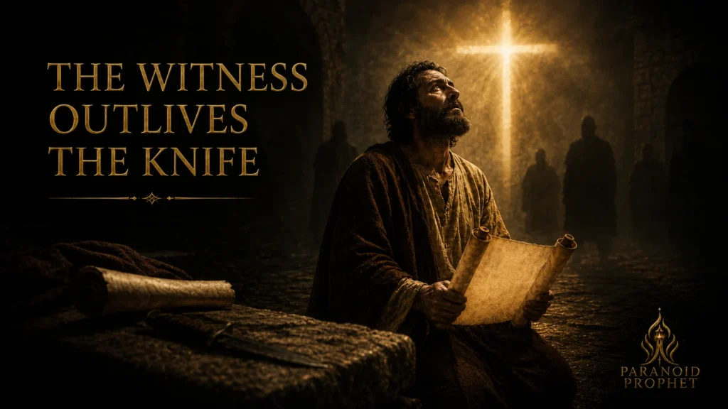 Saint Bartholomew kneeling with a Scripture scroll under cross-shaped light while a symbolic knife rests in shadow