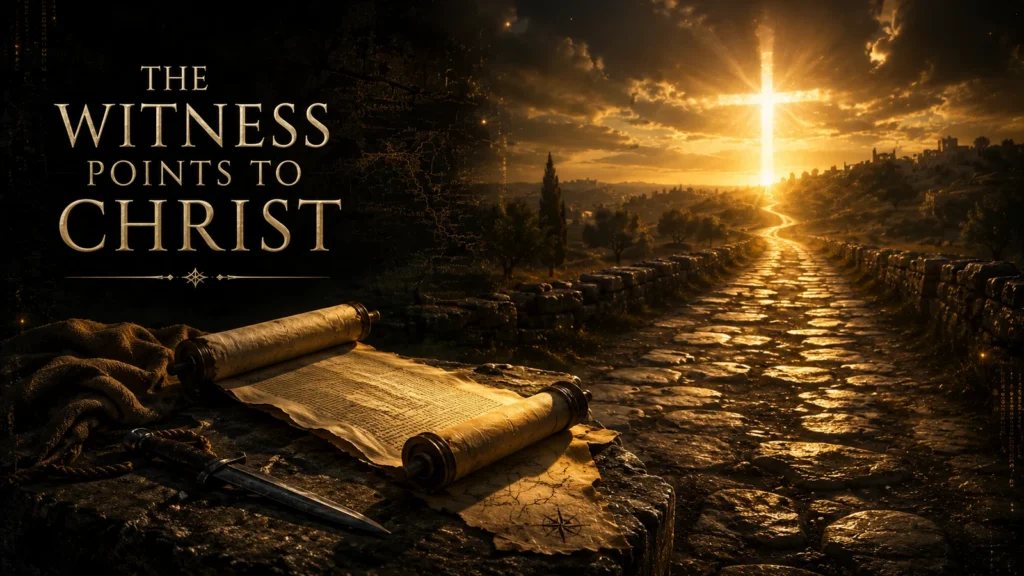 Ancient road with a Scripture scroll and distant cross-shaped light symbolizing Saint Bartholomew’s witness pointing to Jesus Christ