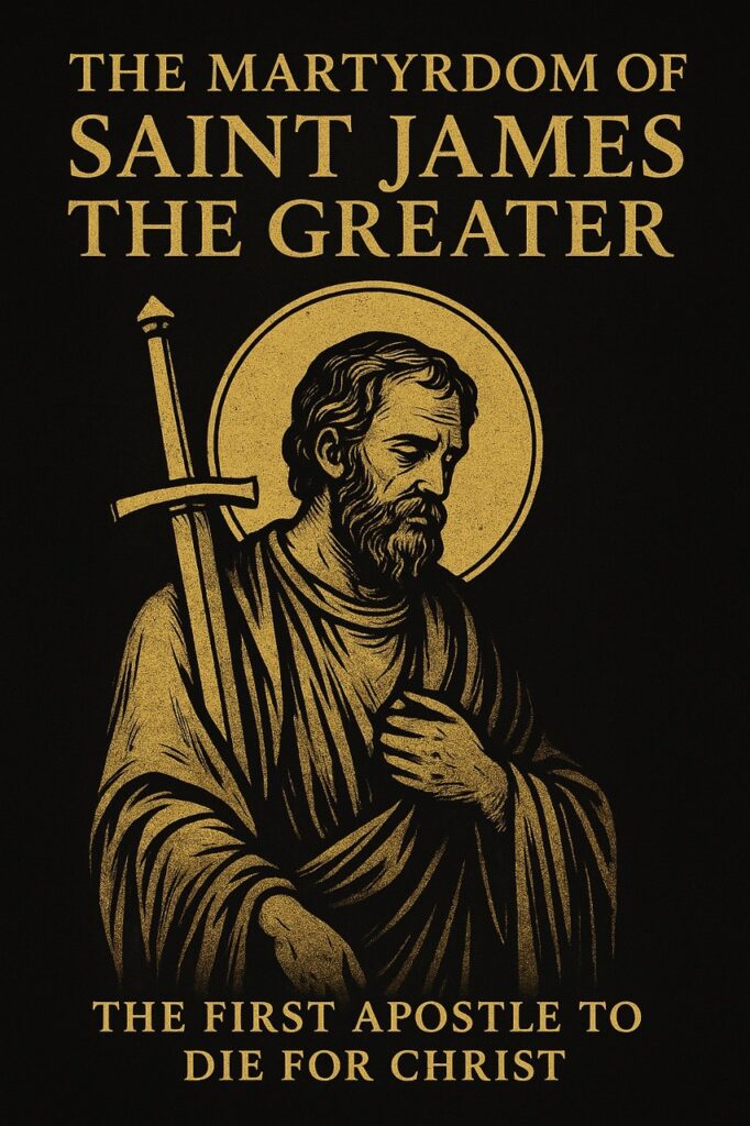 “Gold and black artwork of Saint James the Greater holding a sword, symbolizing his martyrdom as the first apostle to die for Christ”