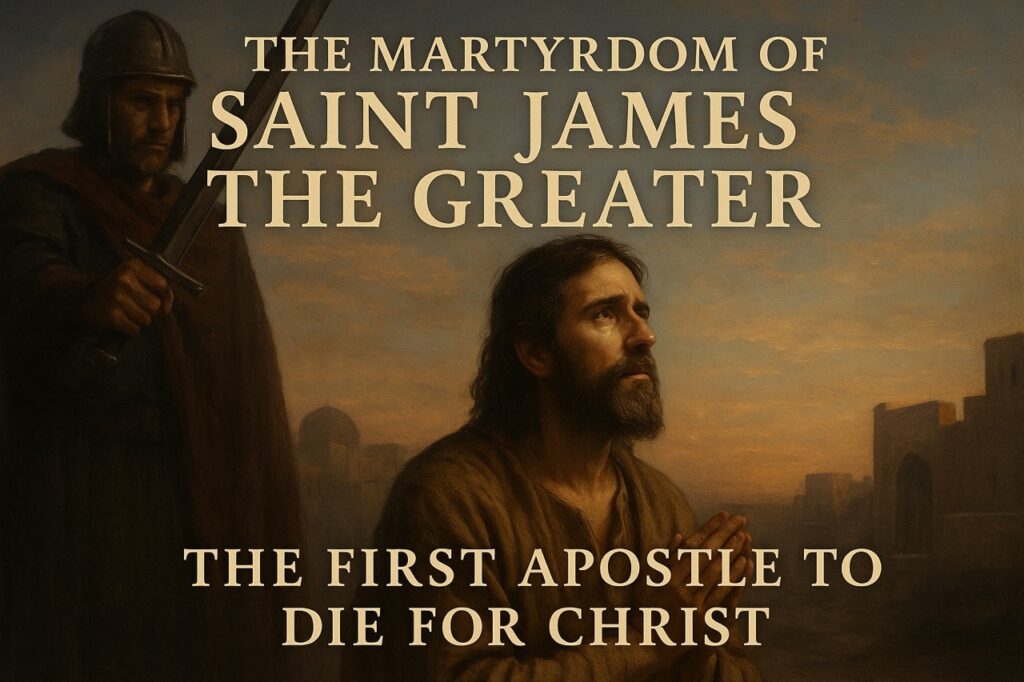 “Photo-realistic painting of Saint James the Greater kneeling in prayer before execution by sword, with Roman soldier in ancient Jerusalem at dawn”