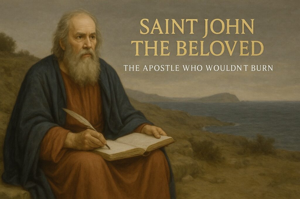 Photo-realistic painting of Saint John the Beloved writing Revelation on the island of Patmos, with gold serif title text reading “Saint John the Beloved – The Apostle Who Wouldn’t Burn”