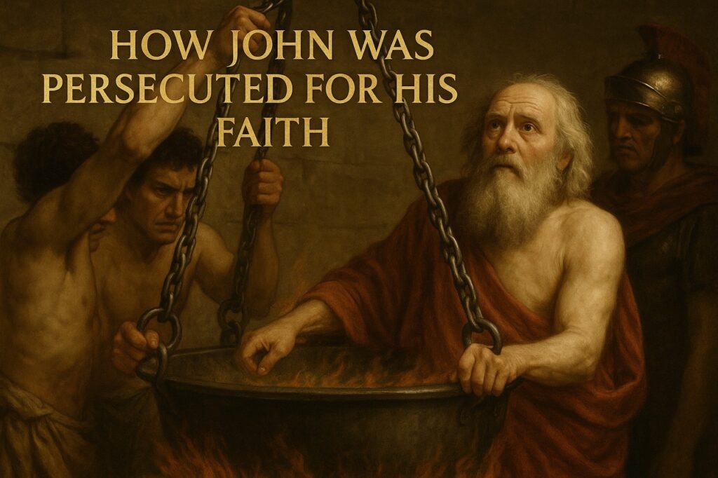 Classical-style painting of Saint John the Beloved being lowered into a cauldron of boiling oil by Roman soldiers, with gold text reading “How John Was Persecuted for His Faith”