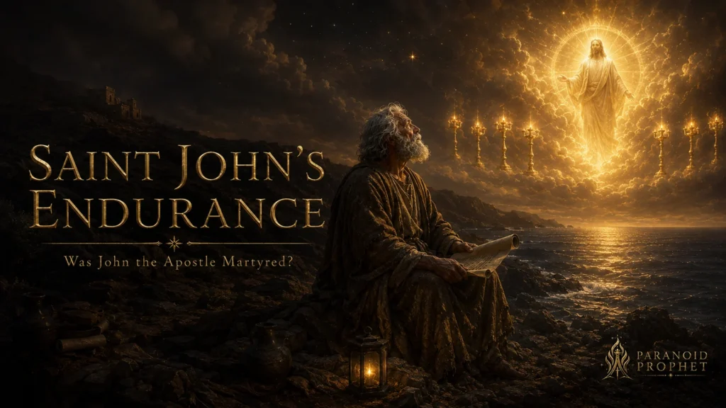 Saint John on Patmos seeing the glorified Christ with seven lampstands, representing his endurance as a witness to Jesus.