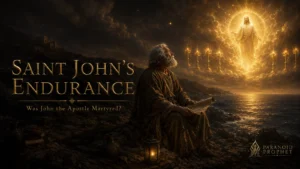 Saint John on Patmos seeing the glorified Christ with seven lampstands, representing his endurance as a witness to Jesus.