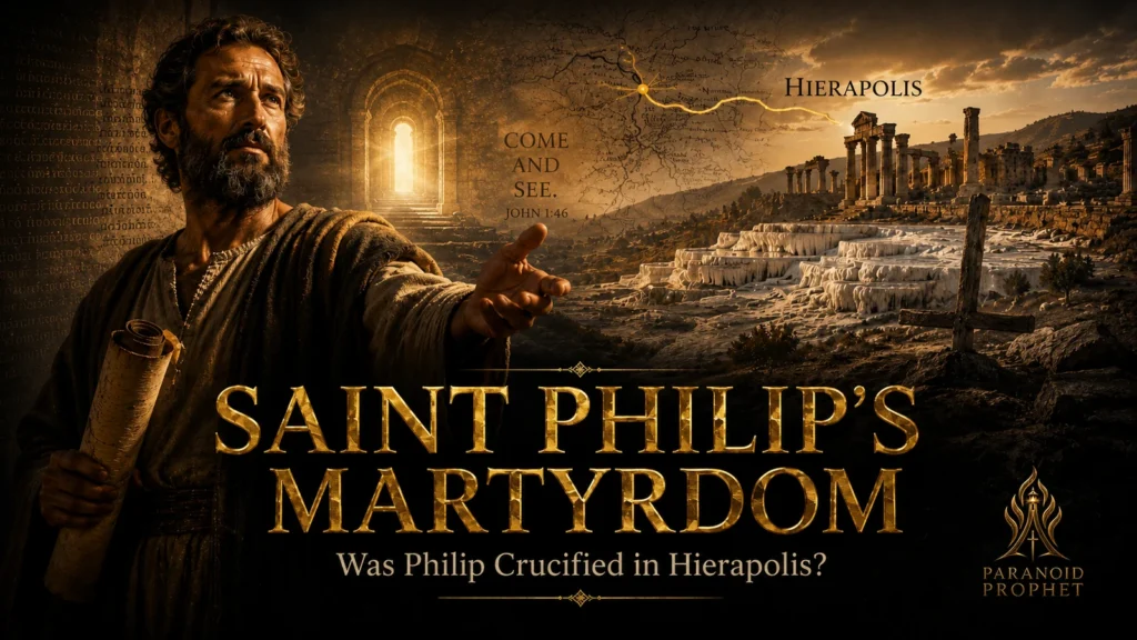 Saint Philip the Apostle inviting viewers to “come and see,” with Hierapolis ruins and a subtle martyrdom cross in the background.